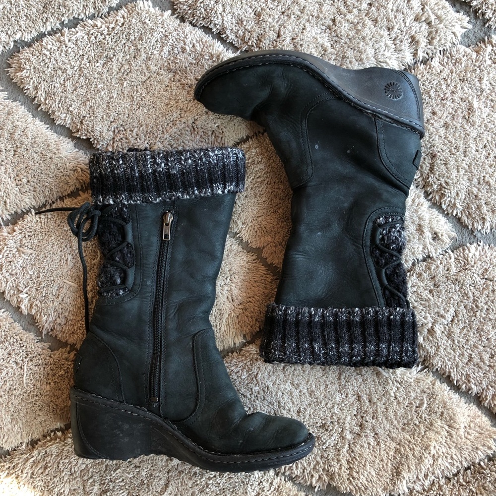 UGG Black Leather Knit Cuff Wedge Boots